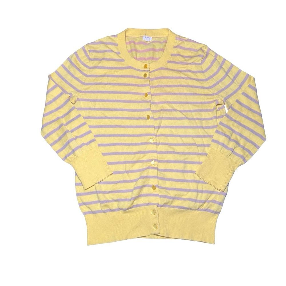 J. Crew Classic Cotton Preppy Cardigan Sz XS Lightweight Yellow Striped Sweater